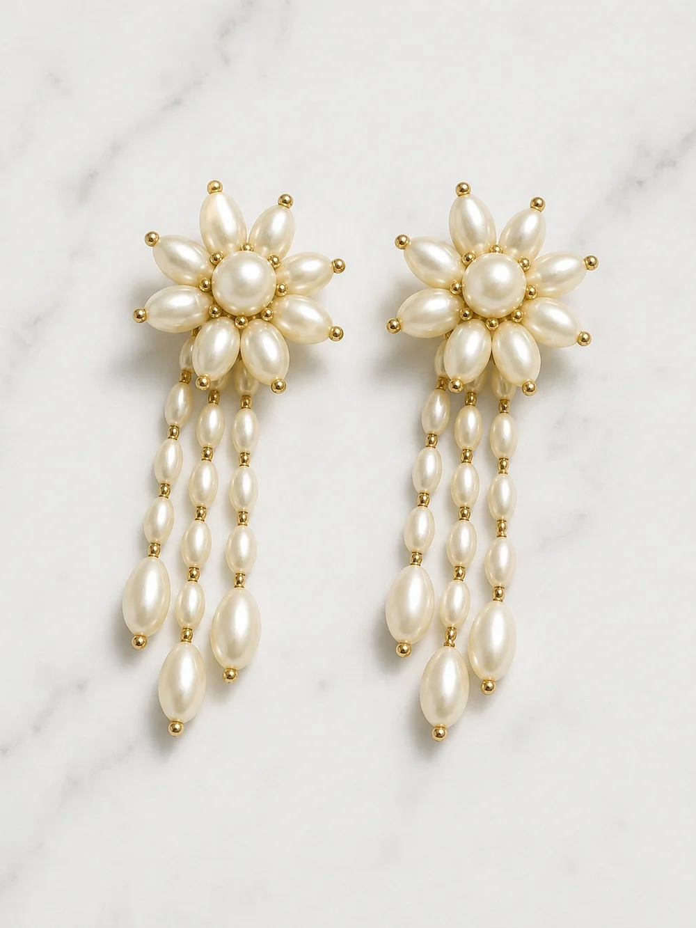 Vintage Large Faux Pearl Floral Clip-On Statement Dangle Earrings